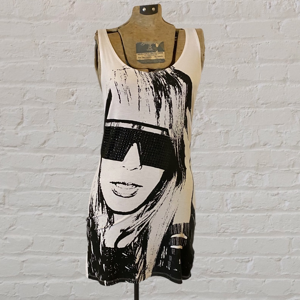 Touch Me Black White Retro 80s Girl Sunglasses Sleeveless Long Tank Top